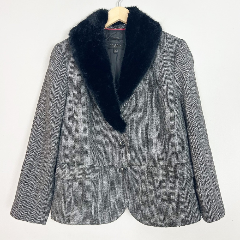 Talbots Aberdeen Blazer Jacket Herringbone Faux Fur Collar Size 14 Petite Womens